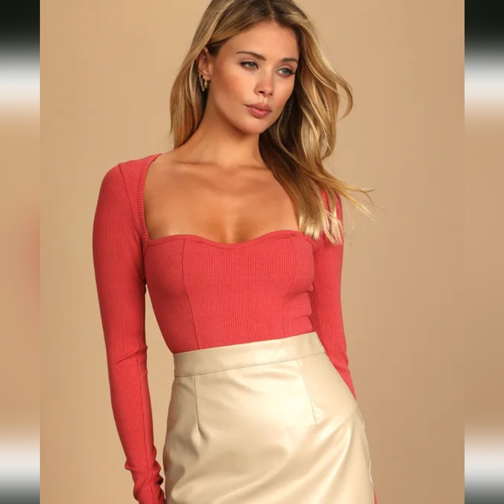 Alluring Aesthetic Rusty Rose Ribbed Long Sleeve Bodysuit